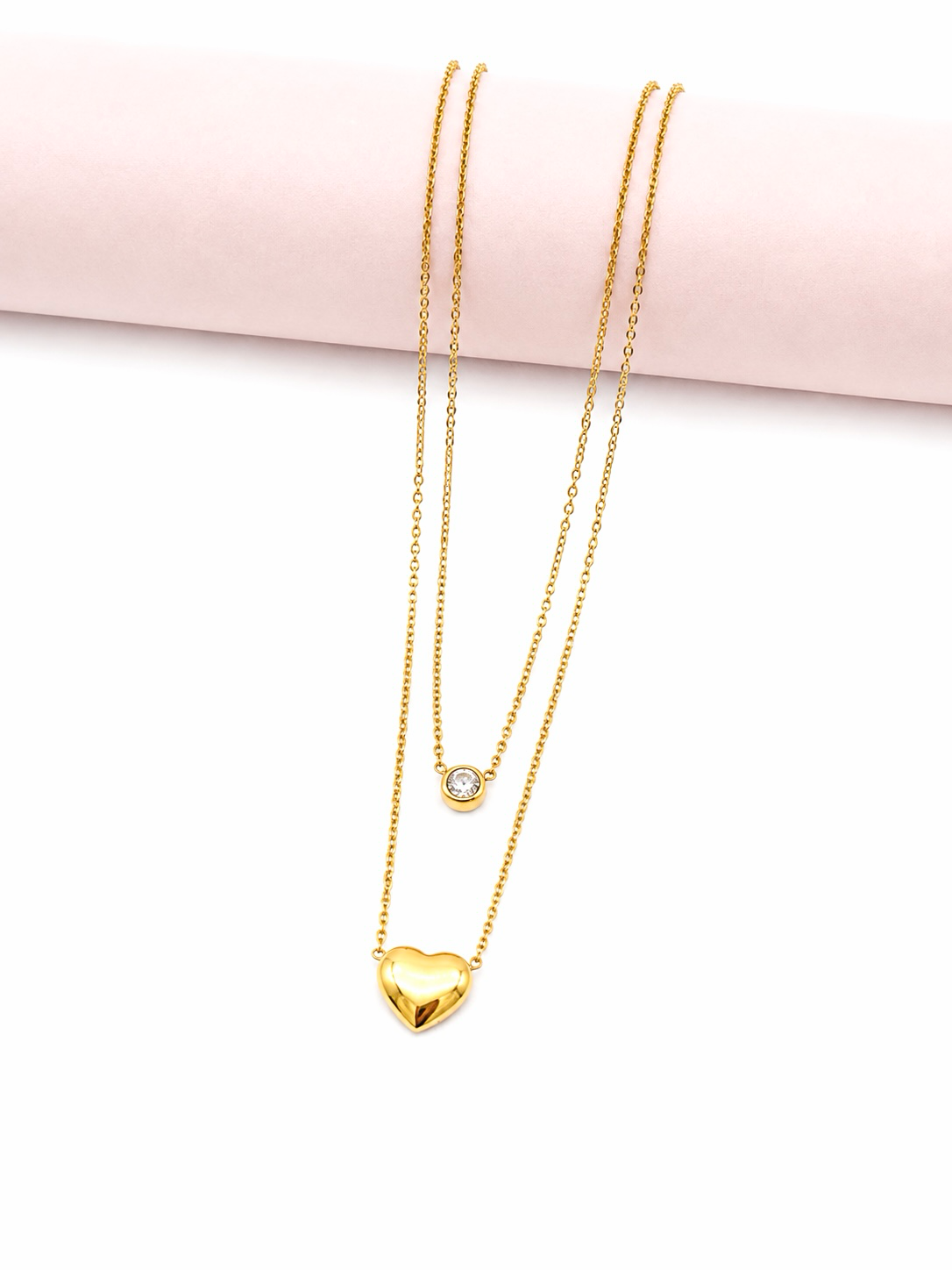 Cubic Zirconia & Heart Layered Necklace - 14K Gold Plated Stainless Steel