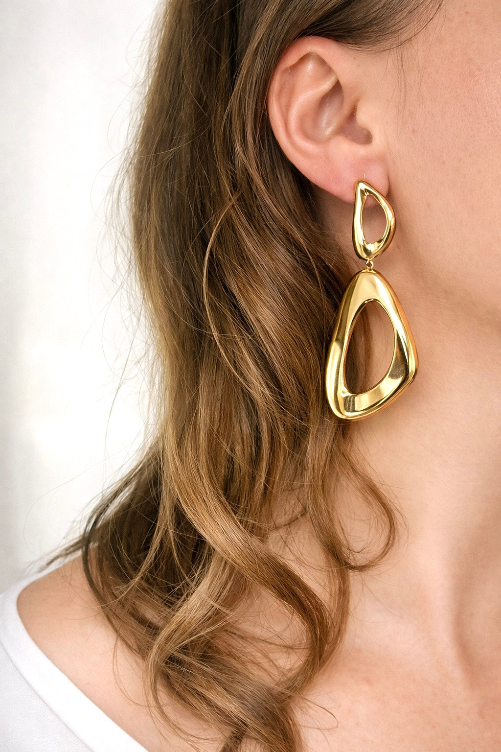 Gold Sculptural Drop Earrings – 14k gold plated Surgical Steel