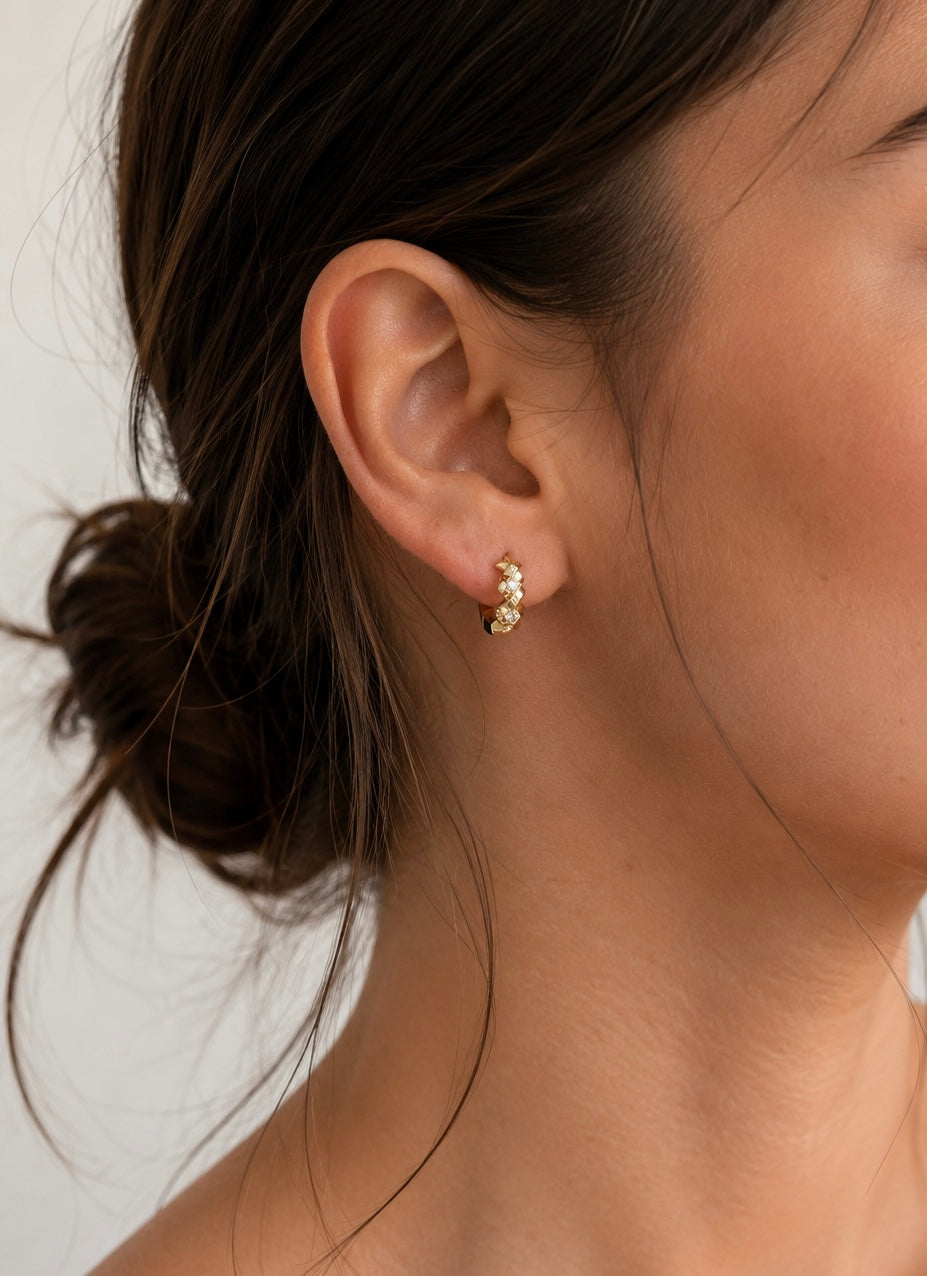 14K Gold Plated Braided Huggie Hoop Earrings with Cubic Zirconia – 10 mm