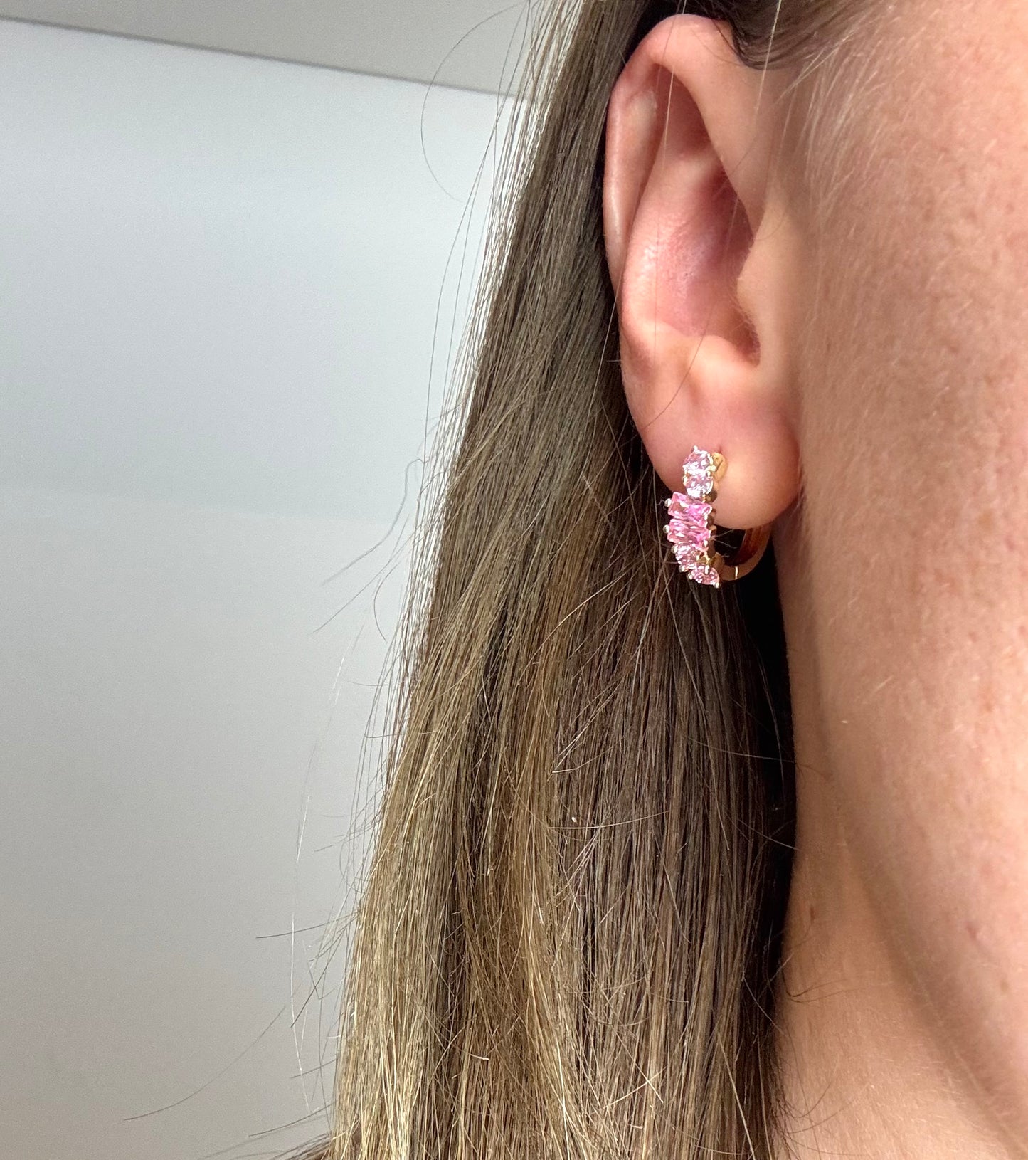 Pink Crystal Huggie Earrings - Gold plated copper