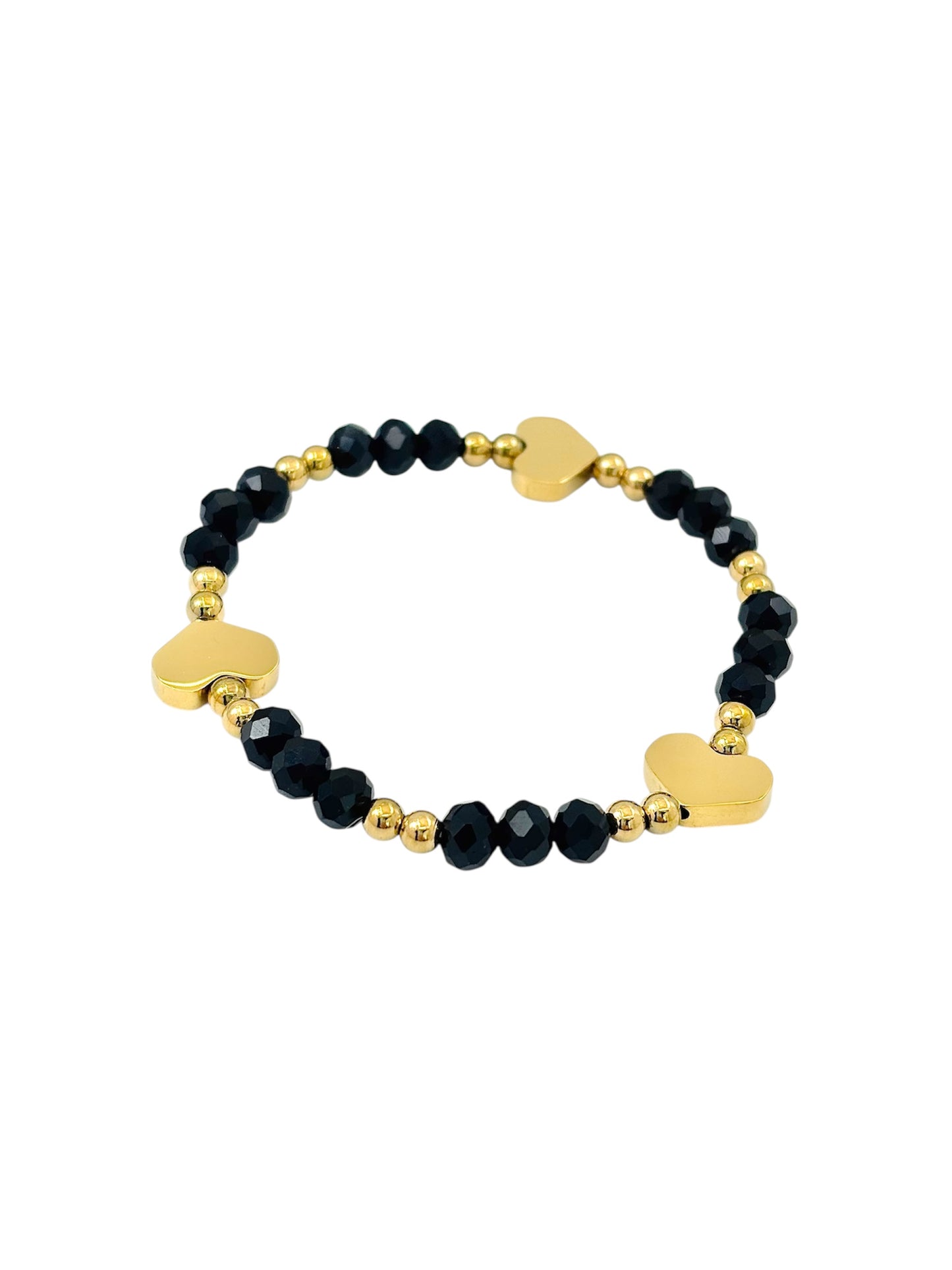 Bransoletka z czarnych koralików w kształcie serc – stal chirurgiczna pozłacana 14-karatowym złotem (regulowana)