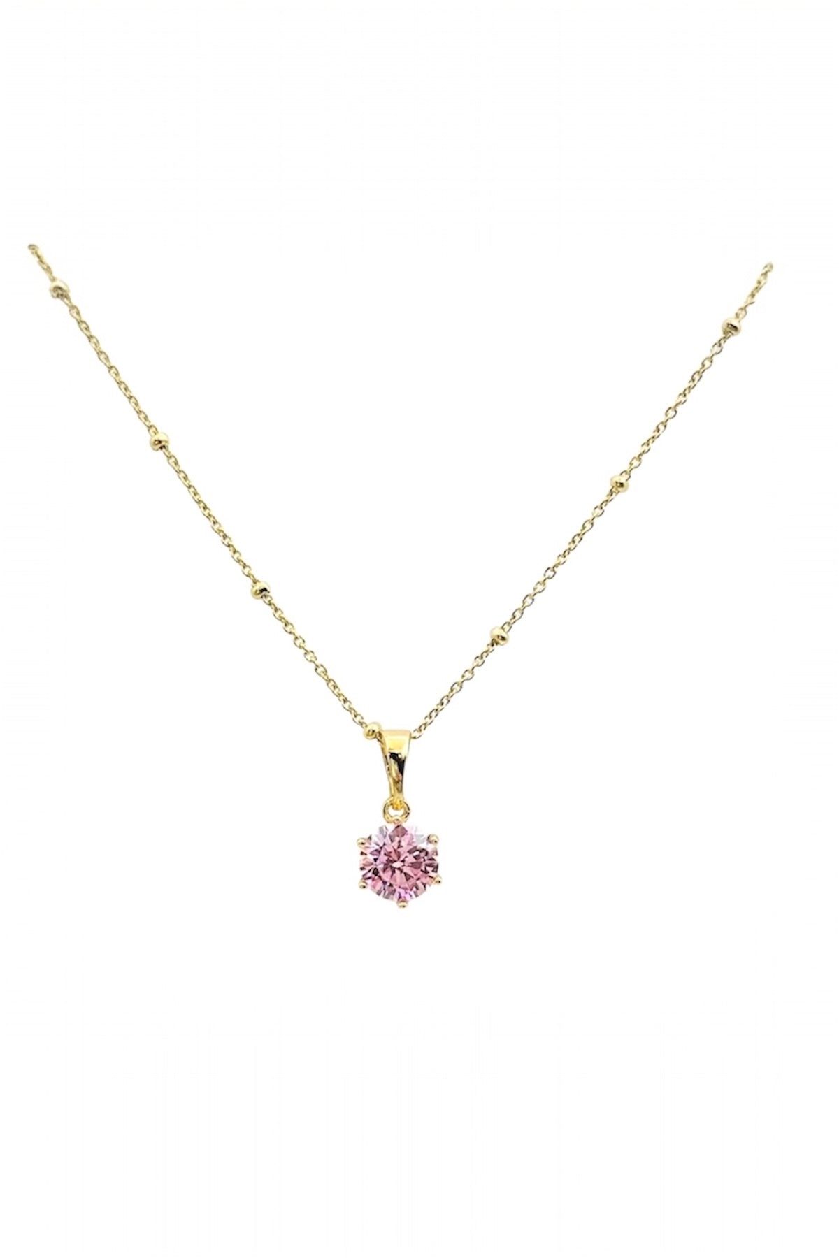 Pink Zirconia Pendant Necklace – 14K Gold Plated Surgical Steel