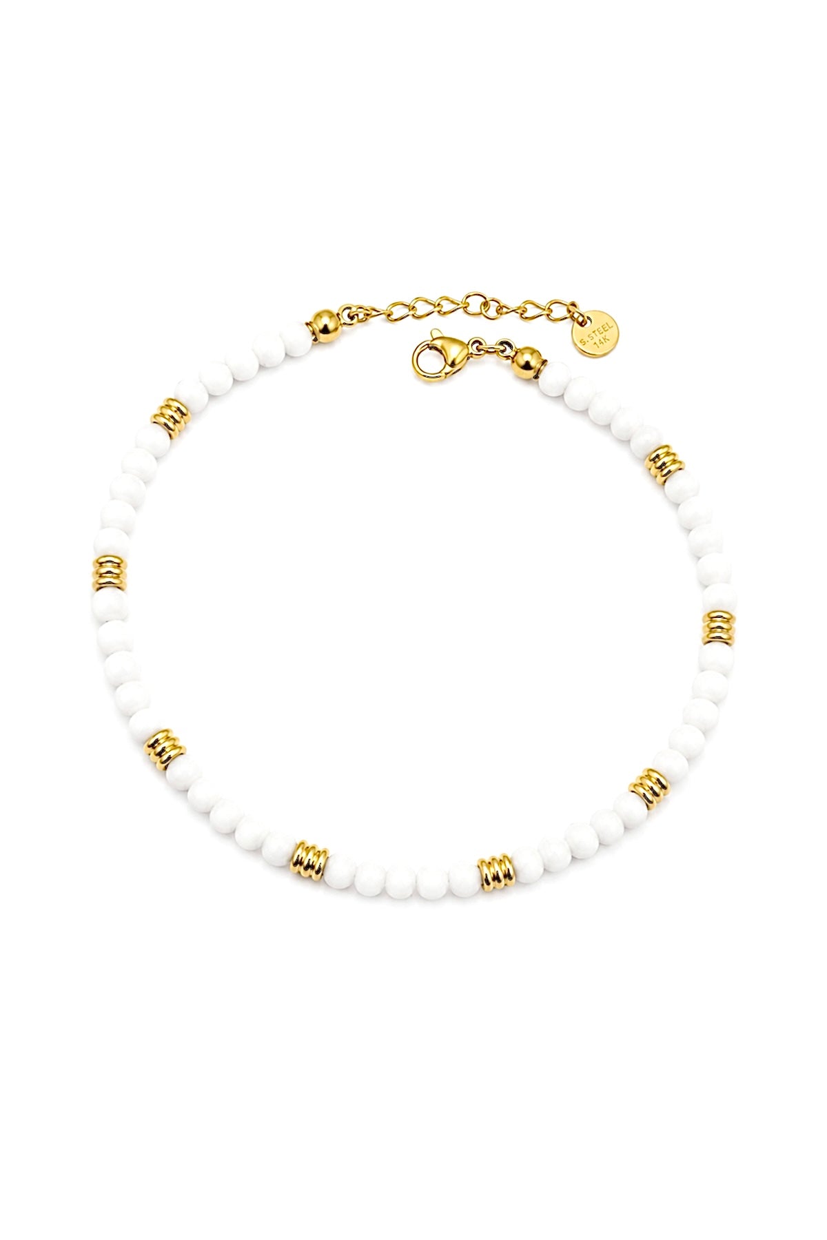 White Beaded Anklet – 14k Gold Stainless Steel