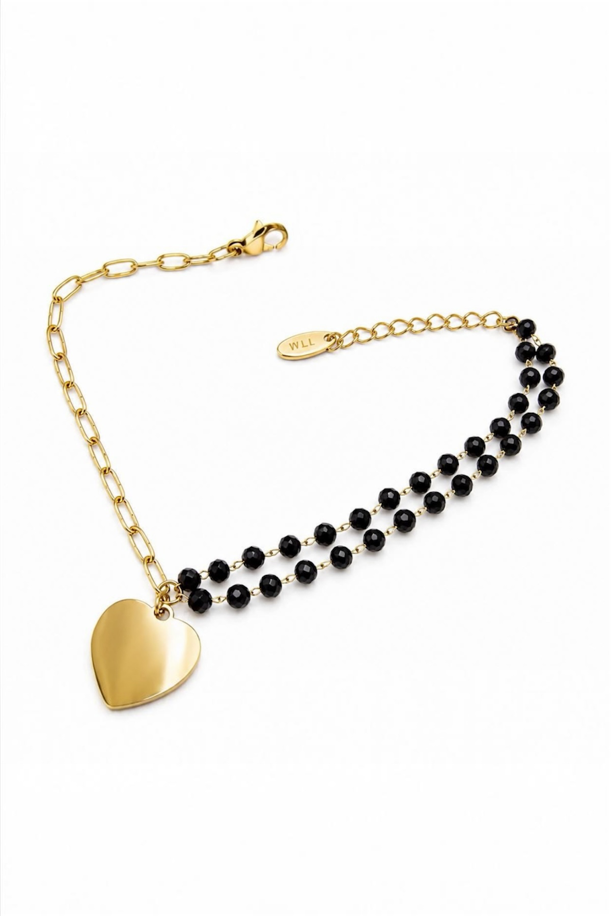 Heart & Black Beads Bracelet - 14K Gold Plated Stainless Steel
