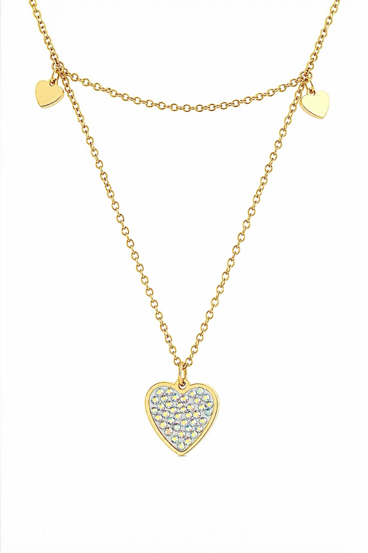 14K Gold Plated Stainless Steel Layered Heart Necklace with Cubic Zirconia