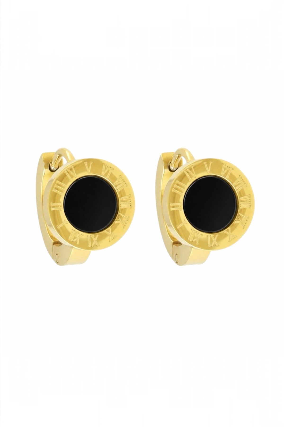 14K Gold Plated Stainless Steel Black Enamel Roman Numeral Earrings