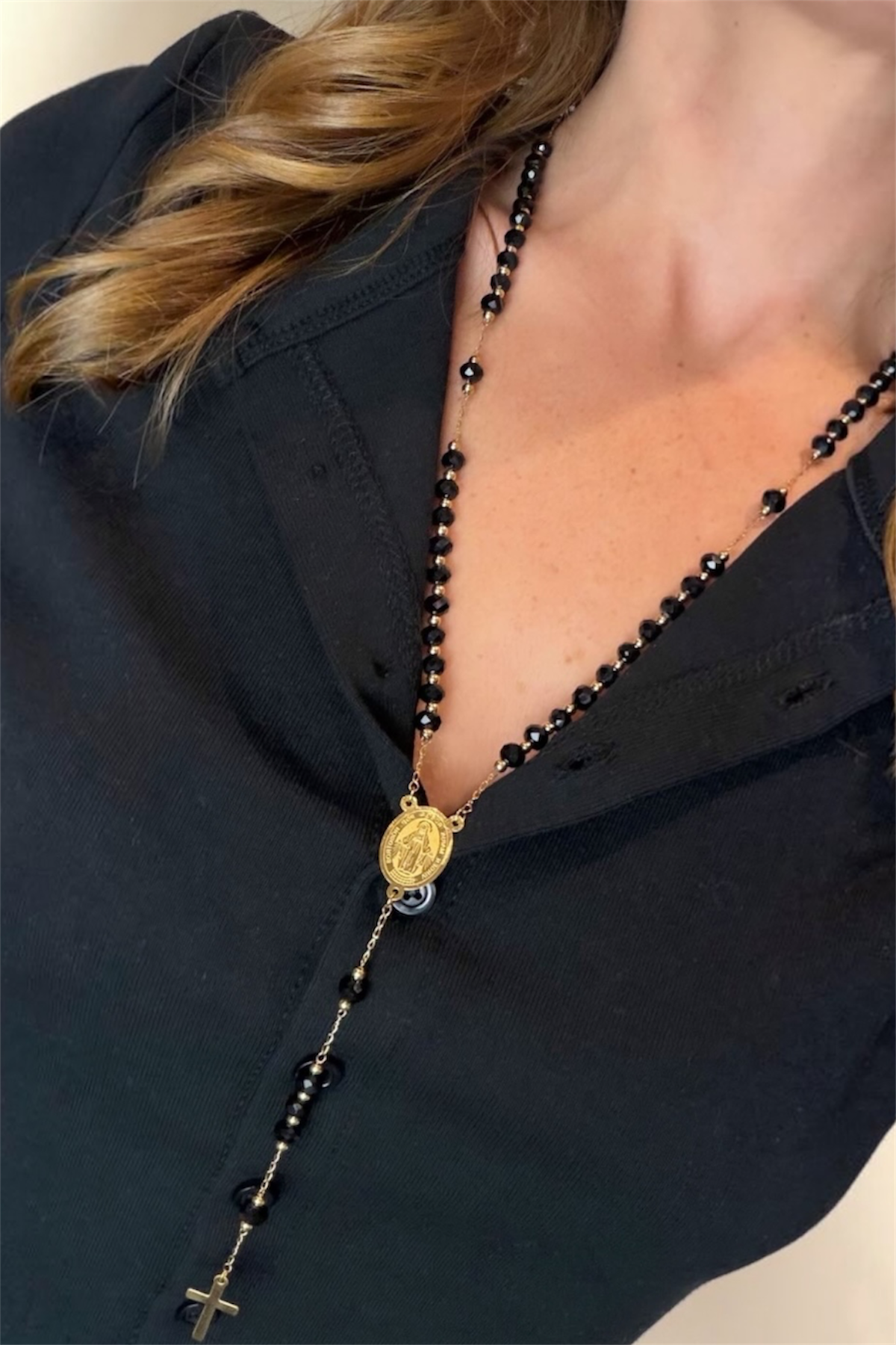Black Beaded Cross Tie Necklace 14K Gold Plated Surgical Stainless Steel