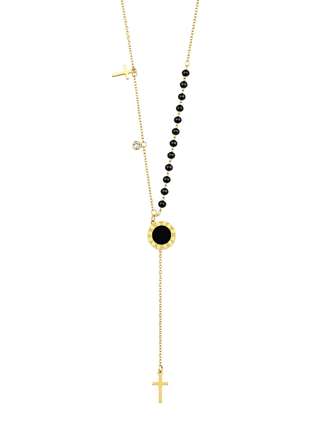 Gold Cross & Black Bead Lariat Necklace – 14K Gold Plated Surgical Stainless Steel
