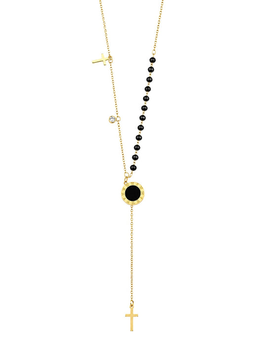 Gold Cross & Black Bead Lariat Necklace – 14K Gold Plated Surgical Stainless Steel