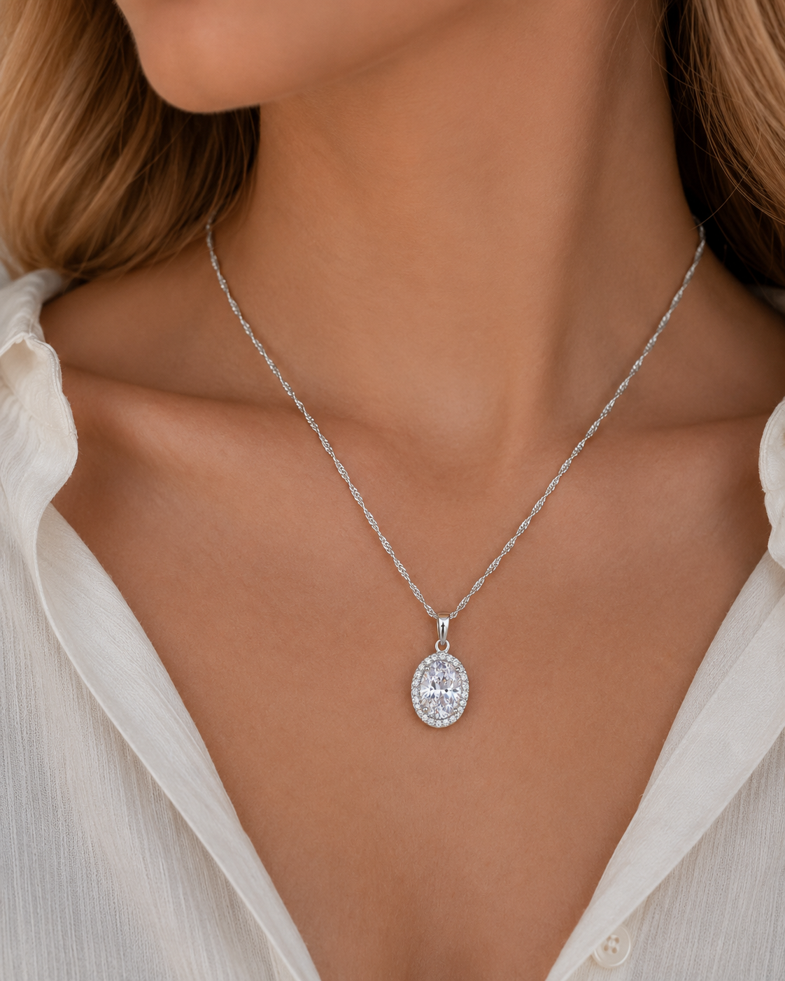 Oval Zirconia Necklace – Silver Plated