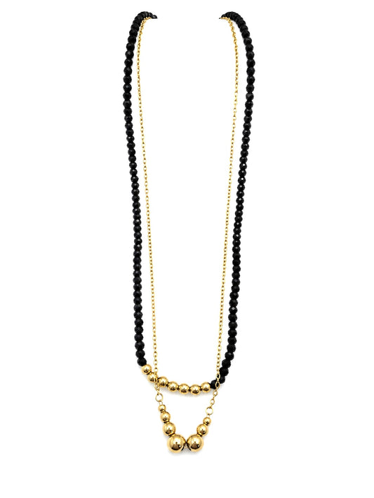 Black Beaded Layered Necklace – 14K Gold Plated Surgical Steel