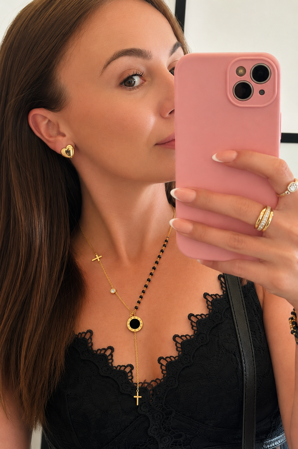 Gold Cross & Black Bead Lariat Necklace – 14K Gold Plated Surgical Stainless Steel