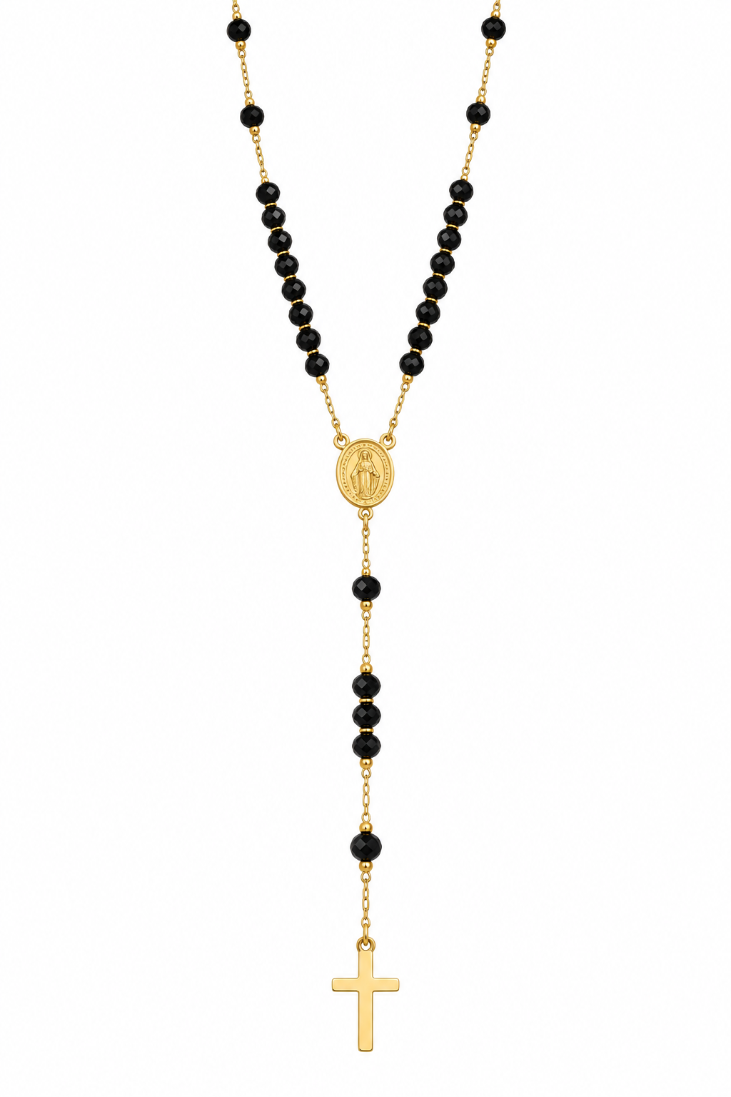 Black Beaded Cross Tie Necklace  14K Gold Plated Surgical Stainless Steel