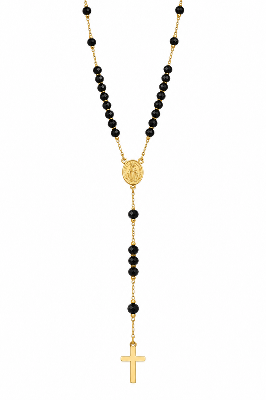 Black Beaded Cross Tie Necklace  14K Gold Plated Surgical Stainless Steel