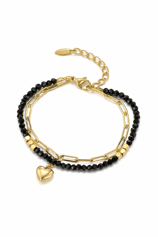 Golden Heart – Black Beads Bracelet – 14K Gold Plated Surgical Steel