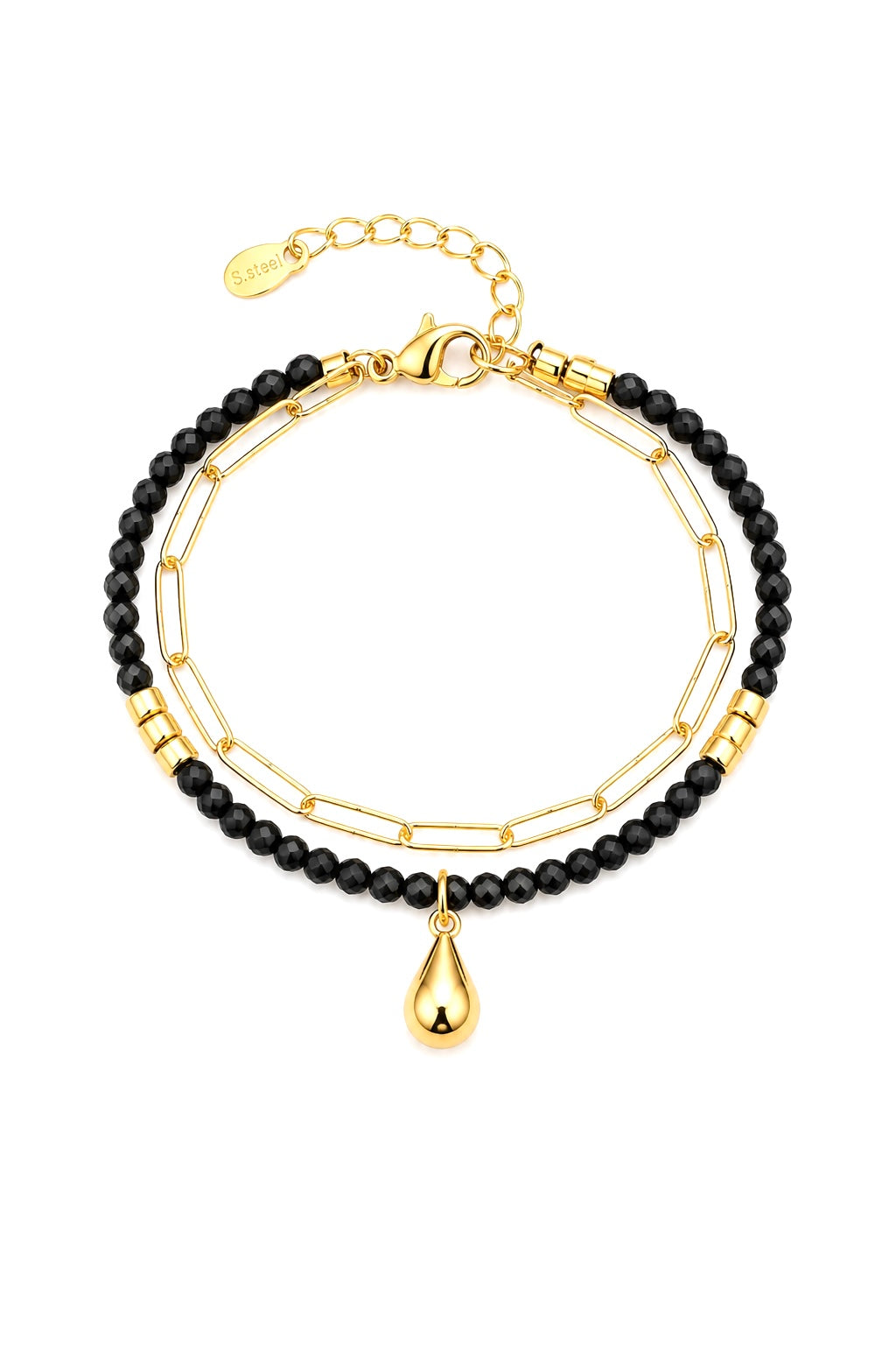 Black Beads & Gold Teardrop Bracelet – 14K Gold Plated Surgical Steel