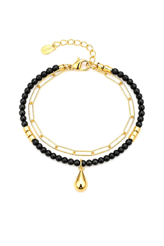 Black Beads & Gold Teardrop Bracelet – 14K Gold Plated Surgical Steel