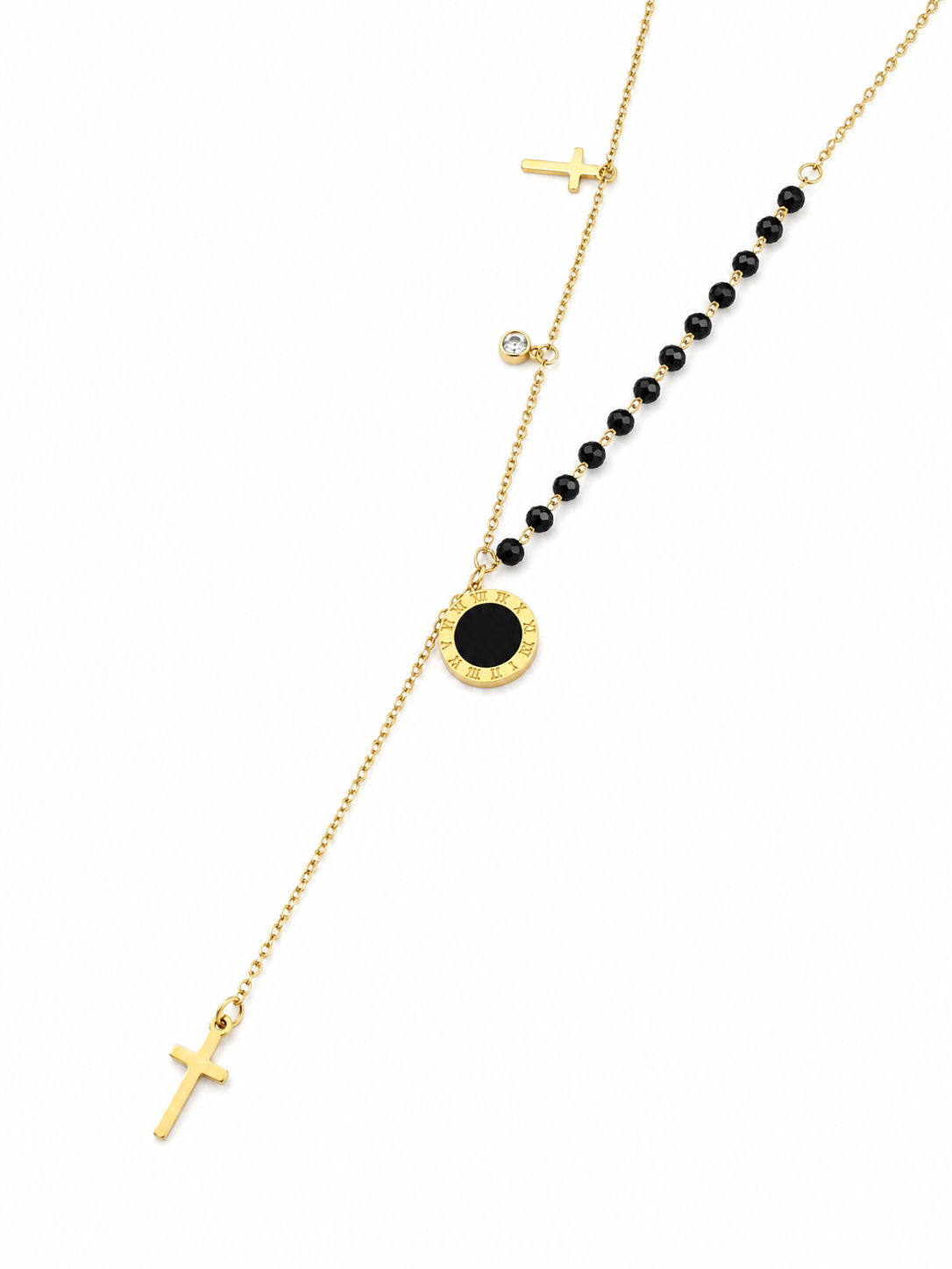 Gold Cross & Black Bead Lariat Necklace – 14K Gold Plated Surgical Stainless Steel