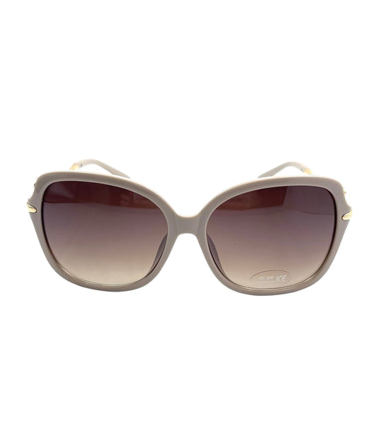 Eleganckie, duże okulary przeciwsłoneczne – detale w kolorze taupe i złotym