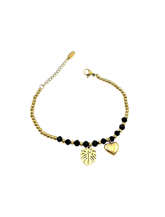 Black Beads Leaf & Heart Bracelet – 14K Gold Plated Surgical Steel