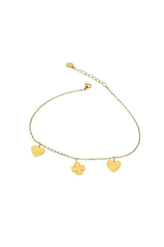 Charm Heart & Clover Anklet – 14K Gold Plated Surgical Steel