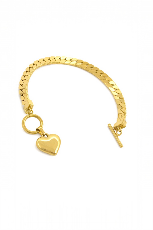 Amore Heart T-Bar Chain Bracelet – 14K Gold Plated Stainless Steel
