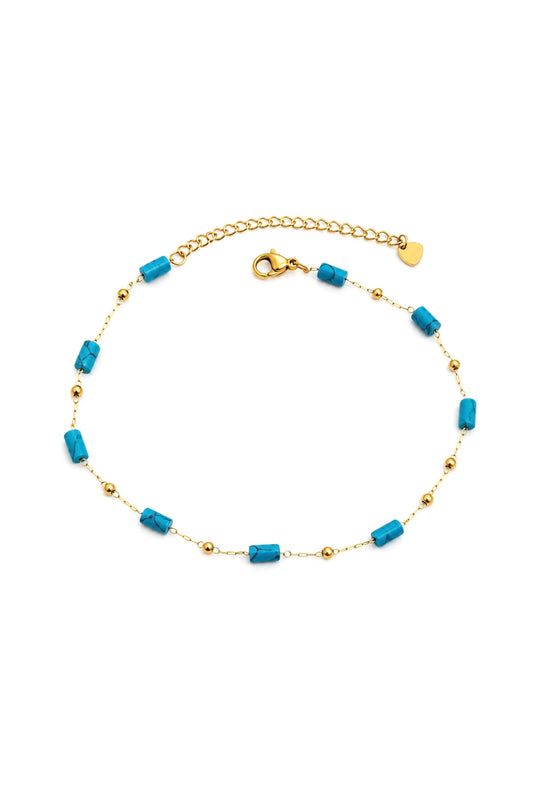 Turquoise Beaded Anklet – 14K Gold Stainless Steel