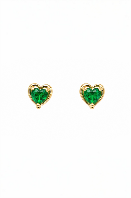 Green crystal Heart Stud Earrings- 14k Gold Plated Copper - 5mm