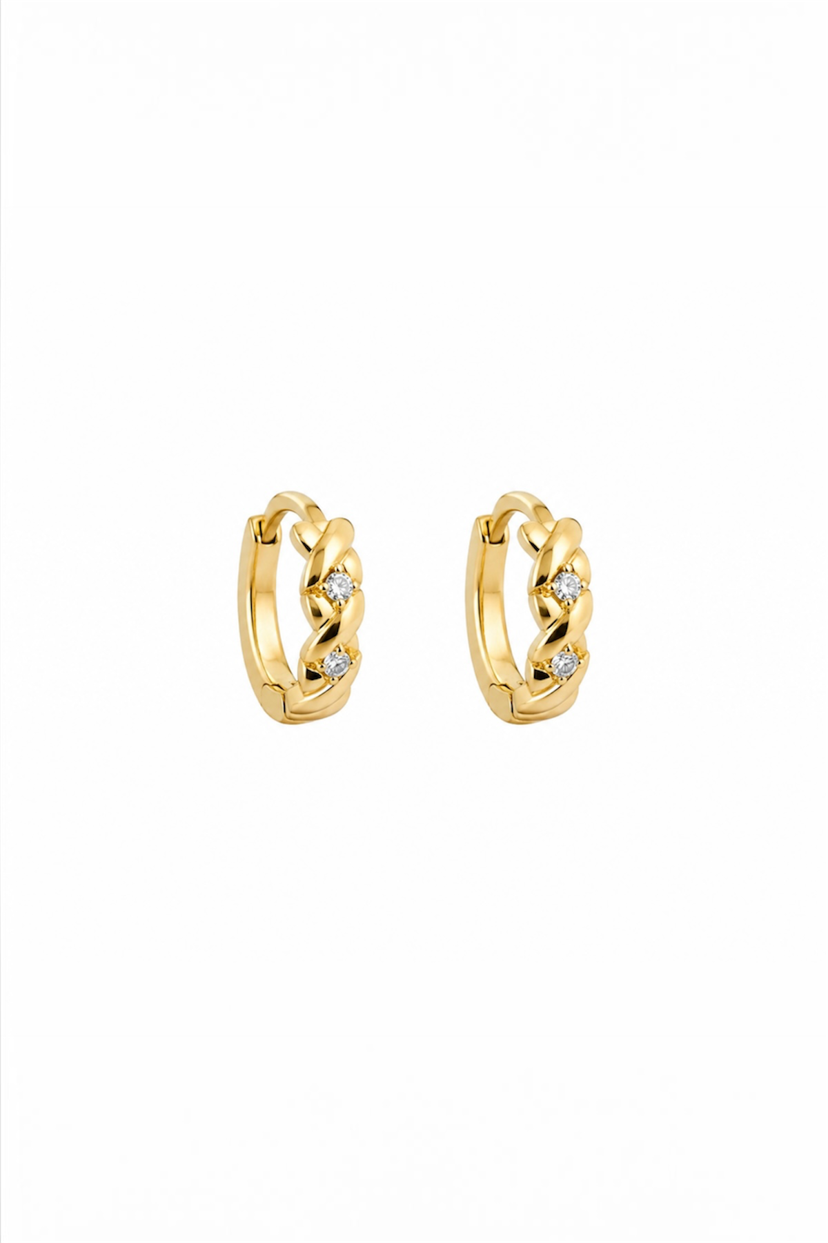 14K Gold Plated Braided Huggie Hoop Earrings with Cubic Zirconia – 10 mm