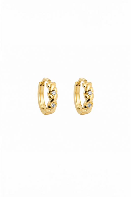 14K Gold Plated Braided Huggie Hoop Earrings with Cubic Zirconia – 10 mm