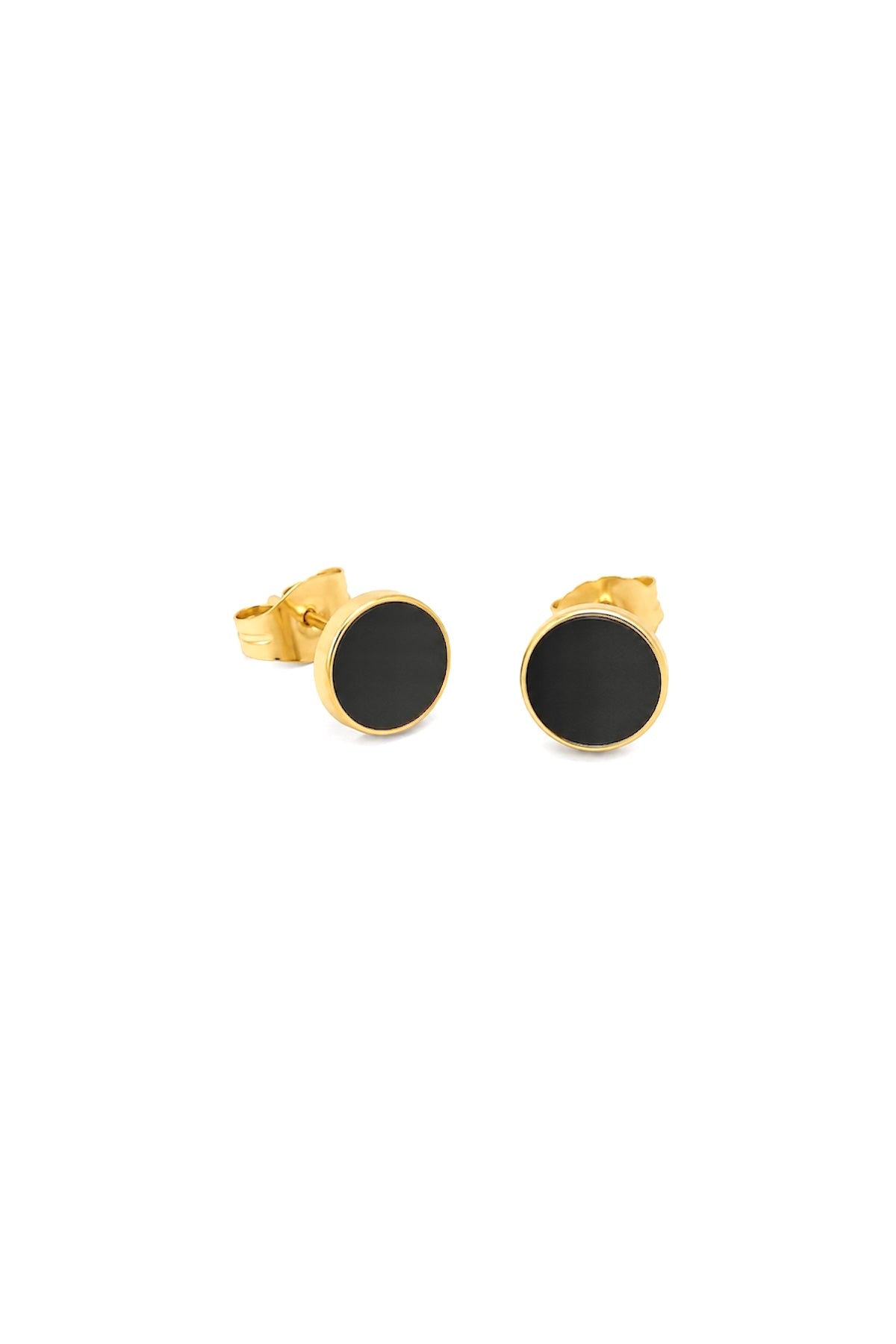 Black Round Stud Earrings – 14k Gold Plated Surgical Stainless Steel
