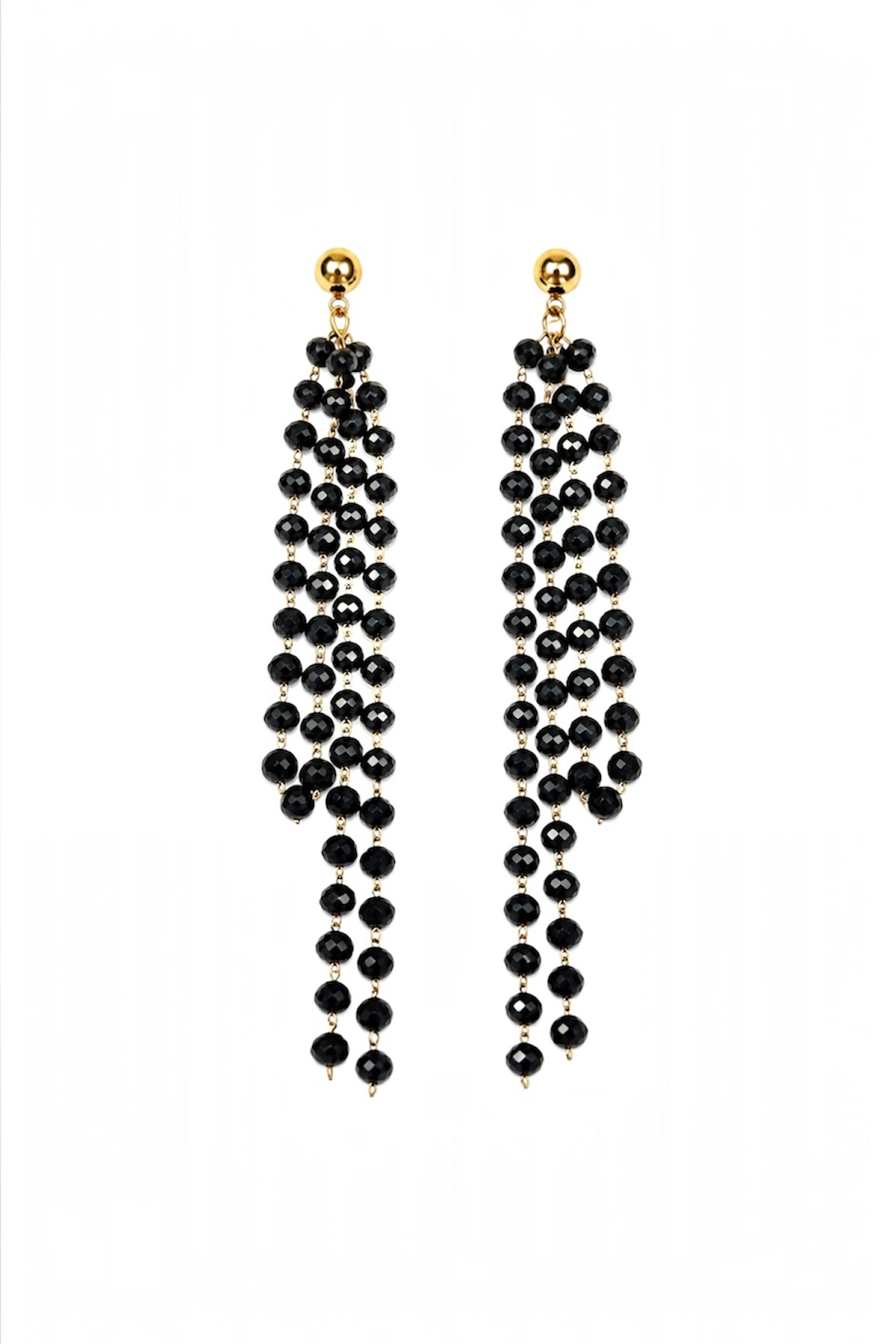 Black Beaded Tassel Drop Earrings – 14K Gold Plated Surgical Stainless Steel