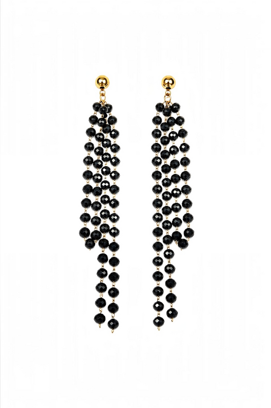 Black Beaded Tassel Drop Earrings – 14K Gold Plated Surgical Stainless Steel