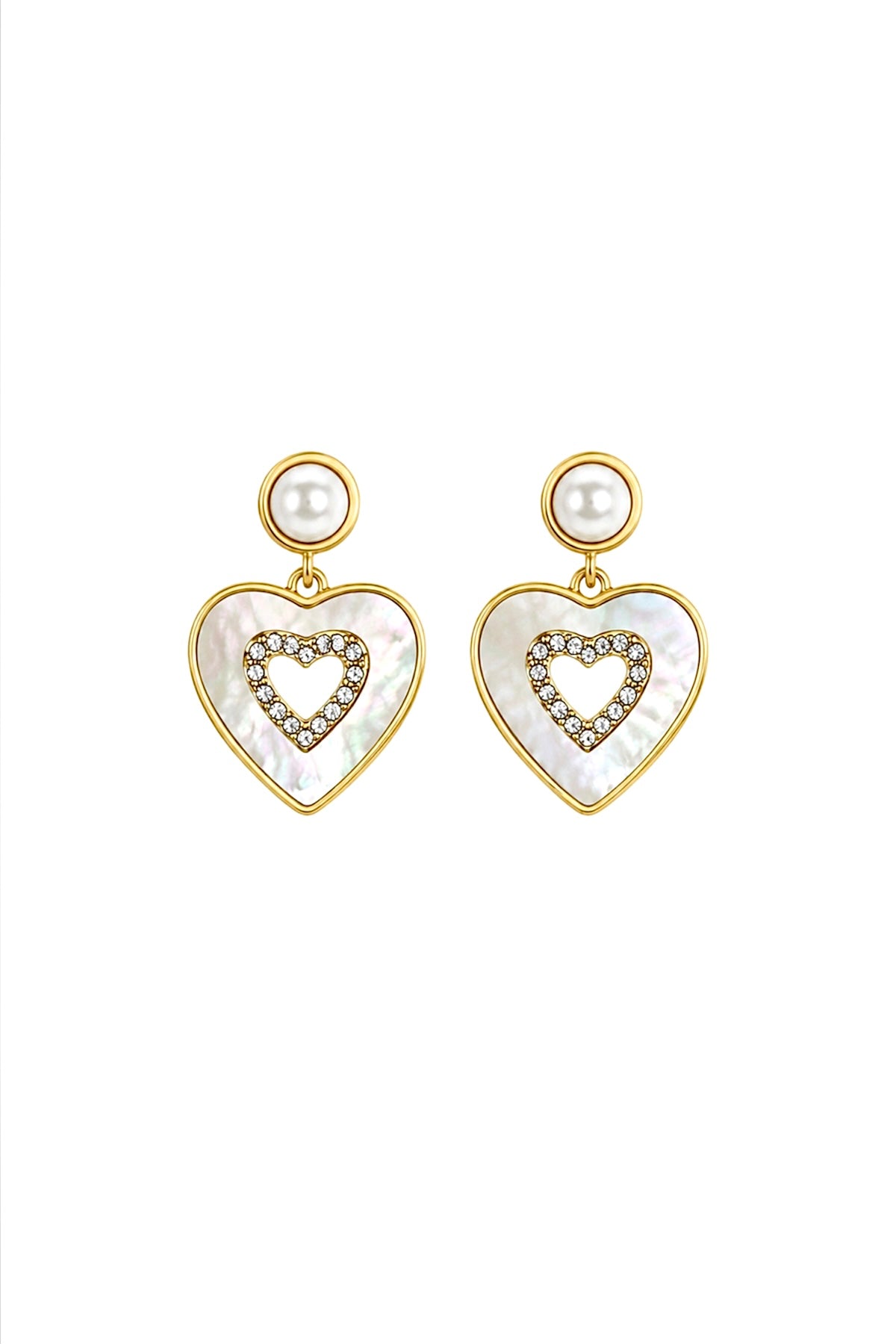 Mother of Pearl Heart Drop Earrings – 14k Gold Plated Surgical Stainless Steel