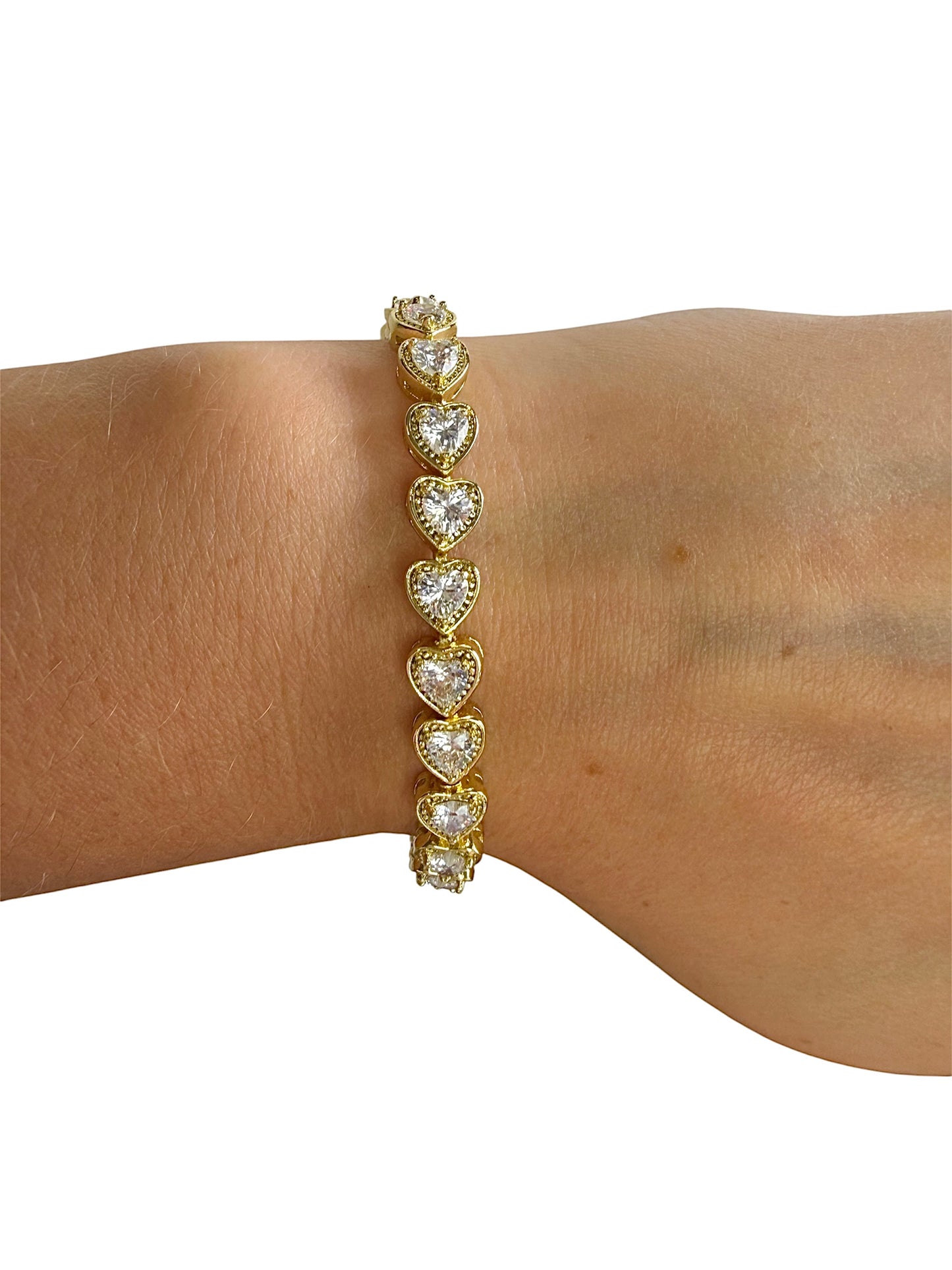 Cubic Zirconia Heart Tennis Bracelet – 14K Gold Plated