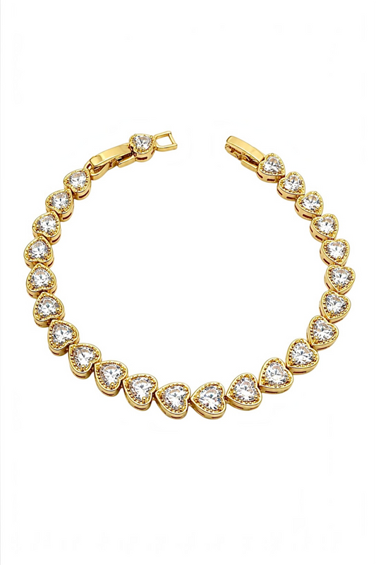 Cubic Zirconia Heart Tennis Bracelet – 14K Gold Plated
