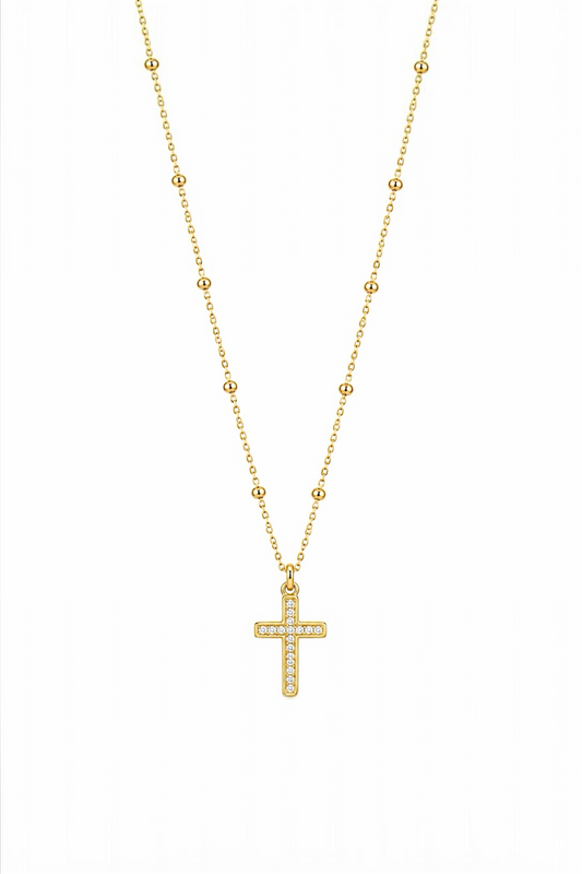 Cross Necklace with Cubic Zirconia - 14K Gold Plated Stainless Steel