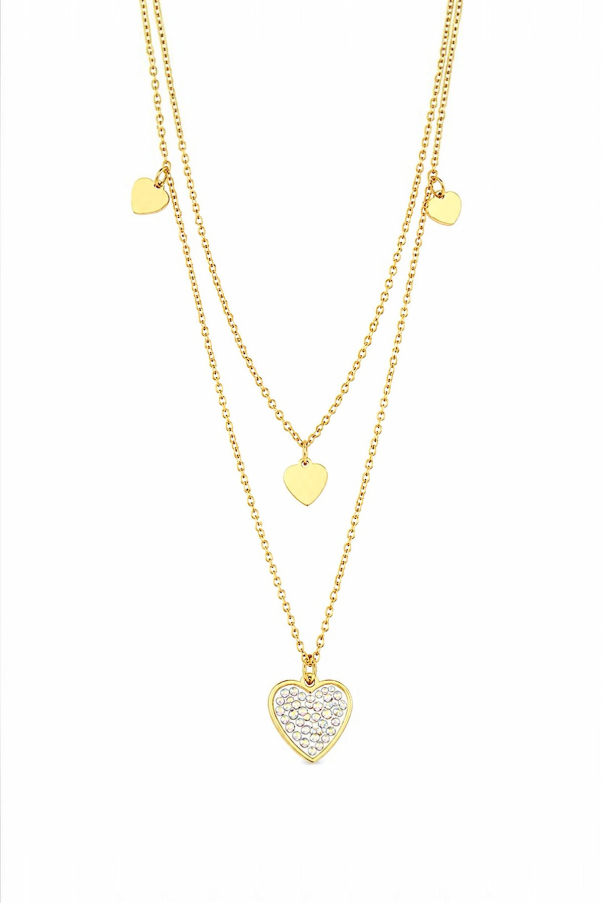 14K Gold Plated Stainless Steel Layered Heart Necklace with Cubic Zirconia