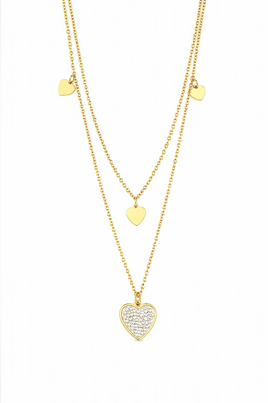 14K Gold Plated Stainless Steel Layered Heart Necklace with Cubic Zirconia