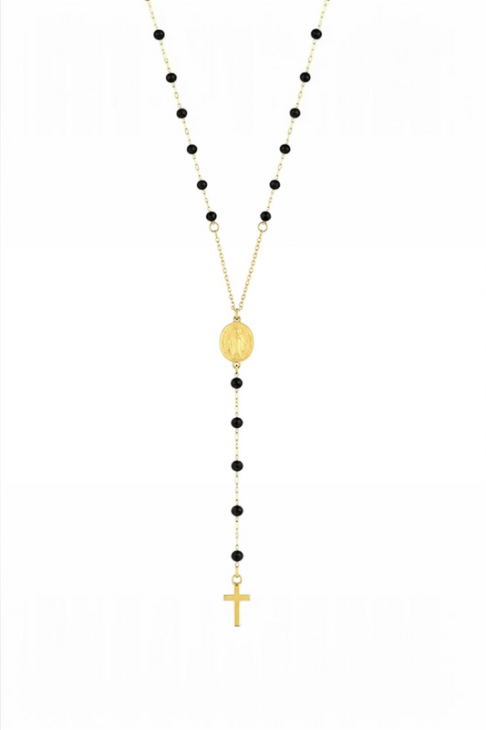 Black Rosary Cross Necklace – 14K Gold Plated Surgical Steel