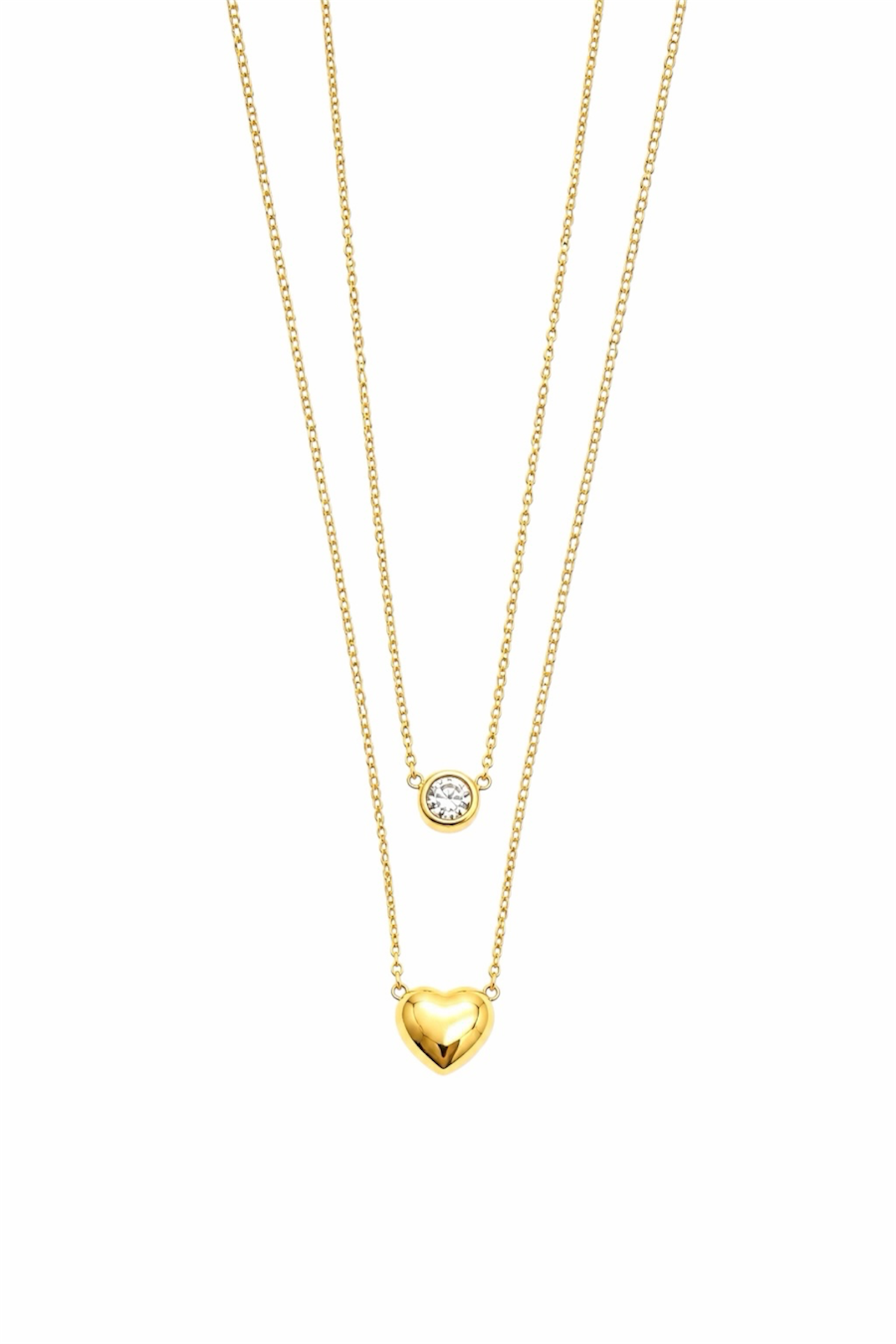 Cubic Zirconia & Heart Layered Necklace - 14K Gold Plated Stainless Steel