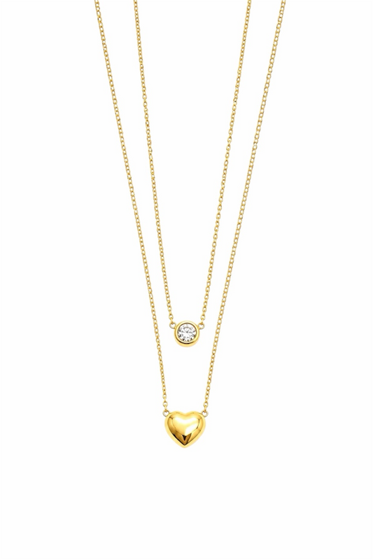 Cubic Zirconia & Heart Layered Necklace - 14K Gold Plated Stainless Steel