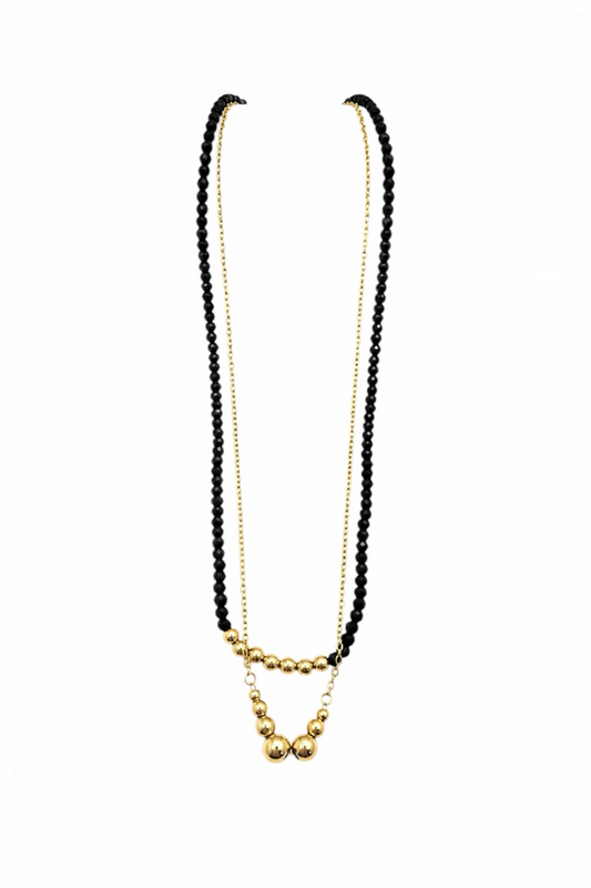 Black Beaded Layered Necklace – 14K Gold Plated Surgical Steel