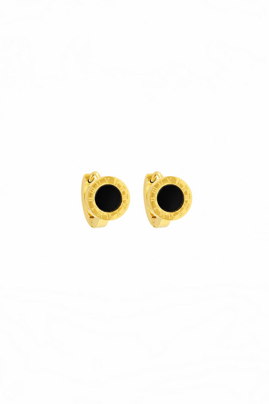 14K Gold Plated Stainless Steel Black Enamel Roman Numeral Earrings