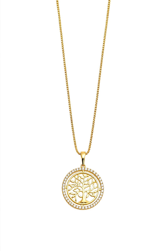 Gold Tree of Life Necklace with Cubic Zirconia – 14K Gold Plated Stainless Steel