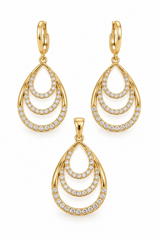Golden Cascade Hoop Drop Earrings & Pendant Set – 18K Gold Plated**