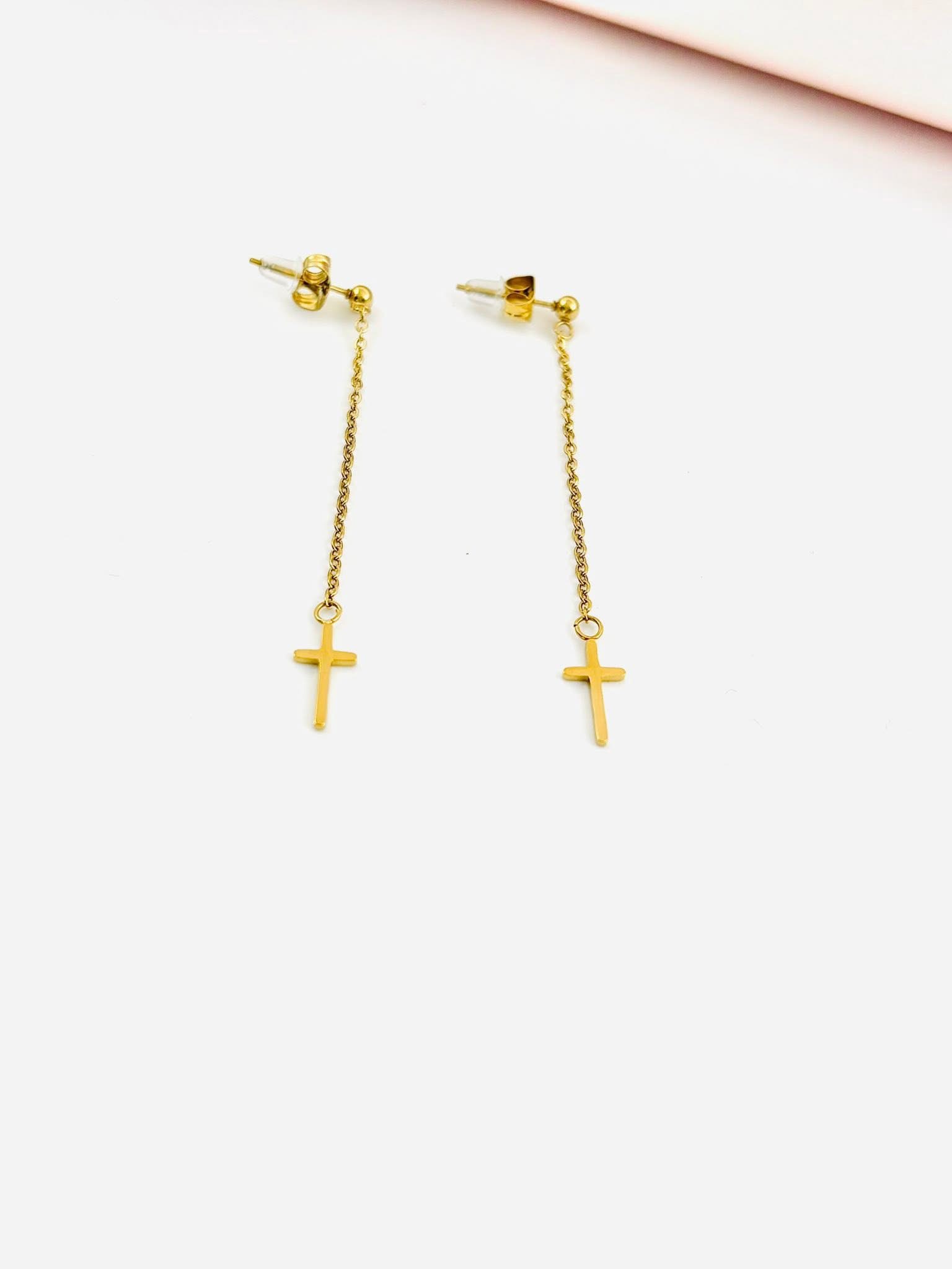 14k Cross drop earrings